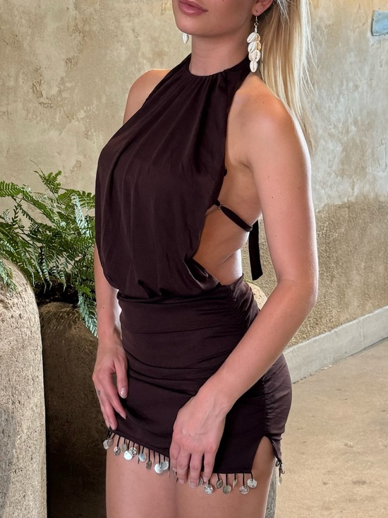 Dresses & Skirts - Dark Chocolate Halter Mini Dress with Fringe Trim